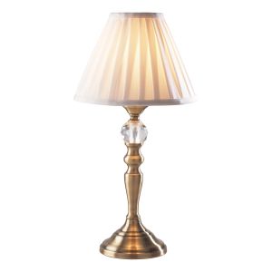 Beau 1 Light E14 Antique Brass Table Lamp With 3 Stage Touch Operated C/W White Faux Silk Shade