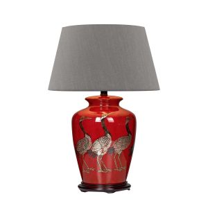 Bertha 1 Light E27 Red With Bird Detail Table Lamp With Inline Switch C/W Cezanne Grey Faux Silk Tapered 45cm Drum Shade