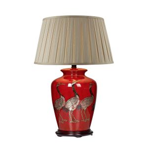 Bertha 1 Light E27 Red With Bird Detail Table Lamp With Inline Switch C/W Degas Taupe Faux Silk Tapered 45cm Drum Shade