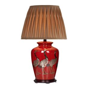 Bertha 1 Light E27 Red With Bird Detail Table Lamp With Inline Switch C/W Hatton Gold Faux Silk Tapered 43cm Drum Shade