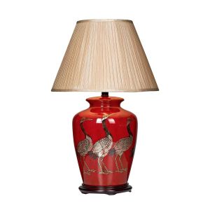 Bertha 1 Light E27 Red With Bird Detail Table Lamp With Inline Switch C/W Puscan Taupe Faux Silk Tapered 43cm Drum Shade