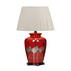 Bertha 1 Light E27 Red With Bird Detail Table Lamp With Inline Switch C/W Ulyana Ivory Faux Silk Pleated 45cm Shade