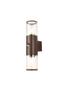 Bizet Wall Lamp With PIR Sensor 2 x E27, IP54, Matt Brown/Clear, 2yrs Warranty