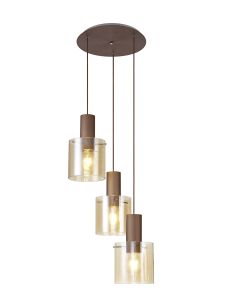 Blok 50cm Round Pendant, 3 Light Adjustable E27, Mocha/Amber Glass