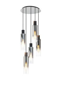 Blokus 41cm Round Pendant, 5 Light Adjustable E27, Black/Smoke Fade Glass