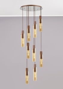 Blokus Round Pendant, 9 Light Adjustable E27, Mocha / Amber Glass