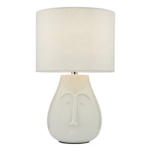 Boris 1 Light E27 White Ceramic Table Lamp With Inline Switch C/W White Cotton 20cm Drum Shade