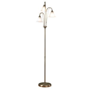Boston 3 Light E14 Antique Brass Floor Lamp With Inline foot Switch C/W Opaque Glass Shades