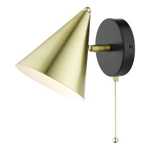 Branco 1 Light E27 Black And Satin Gold Wall Light With Pull Cord