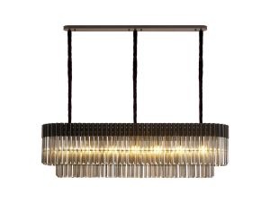 Brewer 150 x 40cm Pendant Rectangle 7 Light E14, Matt Black / Smoke Sculpted Glass, Item Weight: 28kg