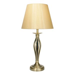 Bybliss 1 Light E27 Antique Brass Table Lamp With Open Metalwork With Inline Switch C/W Gold Shade