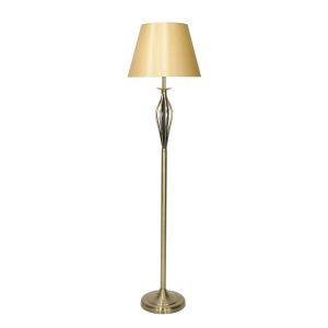 Bybliss 1 Light E27 Antique Brass Floor Lamp With Open Metalwork With Inline Foot Switch C/W Gold Shade