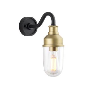 Bella 1 Light E27 Matt Black & Antique Brass Die Cast IP44 Outdoor Industrial Curved Wall Light With Clear Glass Shade