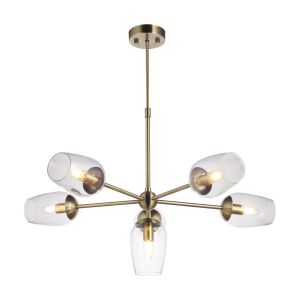 Azzoni 6 Light E14 Antique Brass Adjustable Telescopic Pendant With Clear Blown Glass Shades