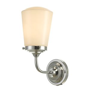 Caden 1 Light E14 Polished Chrome IP44 Bathroom Wall Light With Pull Cord Switch C/W Opal Glass