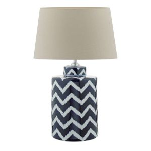 Cablooma 1 Light E27 Blue With White Table Lamp With Inline Switch C/W Cezanne Taupe Faux Silk Tapered 35cm Drum Shade