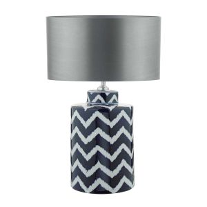 Cablooma 1 Light E27 Blue With White Table Lamp With Inline Switch C/W Hilda Grey Faux Silk 35cm Drum Shade