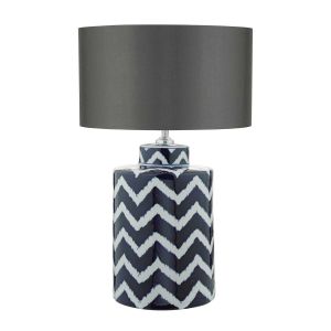 Cablooma 1 Light E27 Blue With White Table Lamp With Inline Switch C/W Rain Grey Faux Silk 33cm Drum Shade
