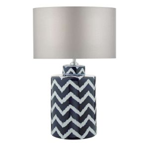 Cablooma 1 Light E27 Blue With White Table Lamp With Inline Switch C/W Yakinsale Grey Faux Silk 33cm Shade