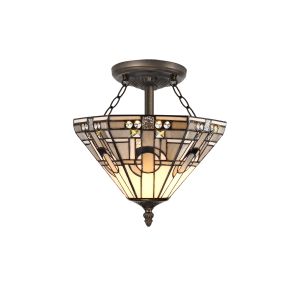 Calpe 2 Light E27 Semi Flush With Tiffany Shade 30cm Shade, White/Grey/Black/Clear Crystal/Aged Antique Brass
