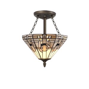 Calpe 3 Light E27 Semi Flush With Tiffany Shade 30cm Shade, White/Grey/Black/Clear Crystal/Aged Antique Brass