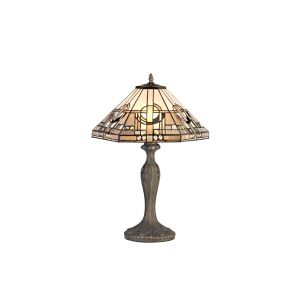Calpe 2 Light Curved Table Lamp E27 With 40cm Tiffany Shade, White/Grey/Black/Clear Crystal/Aged Antique Brass