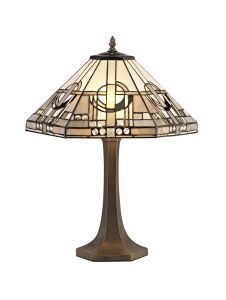 Calpe 2 Light Octagonal Table Lamp E27 With 40cm Tiffany Shade, White/Grey/Black/Clear Crystal/Aged Antique Brass