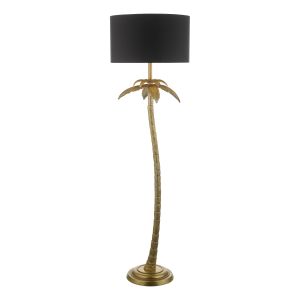 Coco 1 Light E27 Antique Gold Floor Lamp With Inline Foot Switch C/W Black Cotton Shade