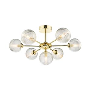 Cohen 7 Light G9 Polished Gold Semi Flush Fitting C/W Clear Closed Ribbed Glass Shades