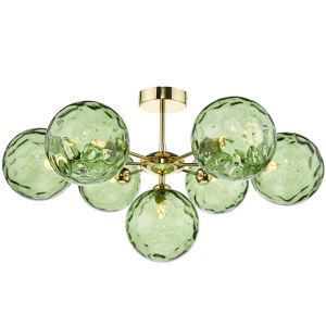 Cohen 7 Light G9 Polished Gold Semi Flush Fitting C/W Green Dimpled Glass Shades