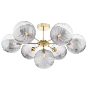 Cohen 7 Light G9 Polished Gold Semi Flush Fitting C/W 15cm Smoked & Clear Ribbed Glass Shade