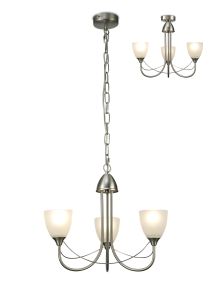 Cooper 46cm Ceiling 3 Light Pendant Convertible to Semi Flush E14 Satin Nickel/Opal Glass