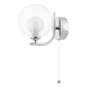 Cradle 1 Light G9 Polished Chrome Wall Light With Pull Switch C/W 12cm Opal & Clear Ribbed Glass Shade