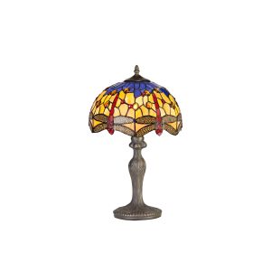 Crown 1 Light Curved Table Lamp E27 With 30cm Tiffany Shade, Blue/Orange/Crystal/Aged Antique Brass