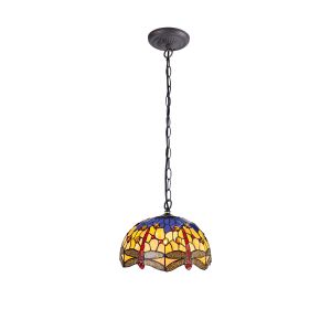 Crown 1 Light Downlighter Pendant E27 With 30cm Tiffany Shade, Blue/Orange/Crystal/Aged Antique Brass