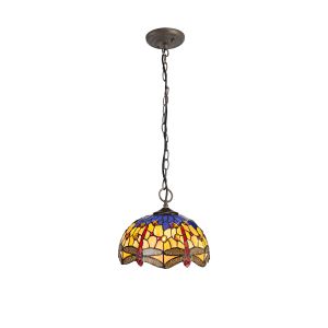 Crown 3 Light Downlighter Pendant E27 With 30cm Tiffany Shade, Blue/Orange/Crystal/Aged Antique Brass
