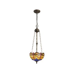 Crown 3 Light Uplighter Pendant E27 With 30cm Tiffany Shade, Blue/Orange/Crystal/Aged Antique Brass