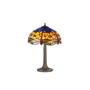 Crown 2 Light Tree Like Table Lamp E27 With 40cm Tiffany Shade, Blue/Orange/Crystal/Aged Antique Brass