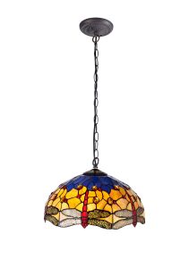 Crown 1 Light Downlighter Pendant E27 With 40cm Tiffany Shade, Blue/Orange/Crystal/Aged Antique Brass