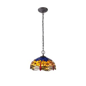 Crown 2 Light Downlighter Pendant E27 With 40cm Tiffany Shade, Blue/Orange/Crystal/Aged Antique Brass