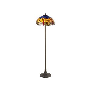 Crown 2 Light Stepped Design Floor Lamp E27 With 40cm Tiffany Shade, Blue/Orange/Crystal/Aged Antique Brass