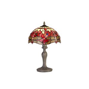 Crown 1 Light Curved Table Lamp E27 With 30cm Tiffany Shade, Purple/Pink/Crystal/Aged Antique Brass
