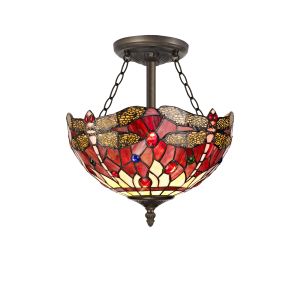 Crown 3 Light Semi Flush E27 With 30cm Tiffany Shade, Purple/Pink/Crystal/Aged Antique Brass