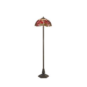 Crown 2 Light Octagonal Floor Lamp E27 With 40cm Tiffany Shade, Purple/Pink/Crystal/Aged Antique Brass