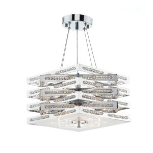 Cube 5 Light E14 Polished Chrome Adjustable Cube Shaped Pendant With Decorative Strings Of Crystal Glass Beads With Frosted Diffuser