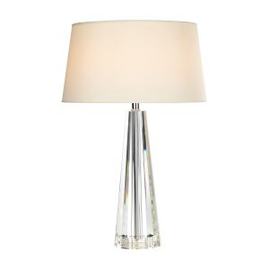 Cyprus 1 Light E27 Polished Chrome Table Lamp With Crystal Glass Base With Inline Switch C/W Ivory Faux Silk Drum Shade