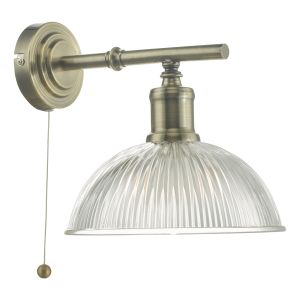 Dara 1 Light Antique Brass Wall Light With Pull Cord Switch With Clear Glass Shade