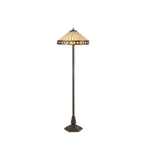 Dareham 2 Light Octagonal Floor Lamp E27 With 40cm Tiffany Shade, Amber/Ccrain/Crystal/Aged Antique Brass