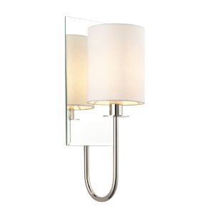 Chao 1 Light E14 Bright Nickel Wall Light With Vintage White Fabric Shade With Mirrored Back Plate