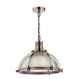 Debut 1 Light E27 Brushed Antique Copper Adjustable Pendant With Ribbed Glass Shade